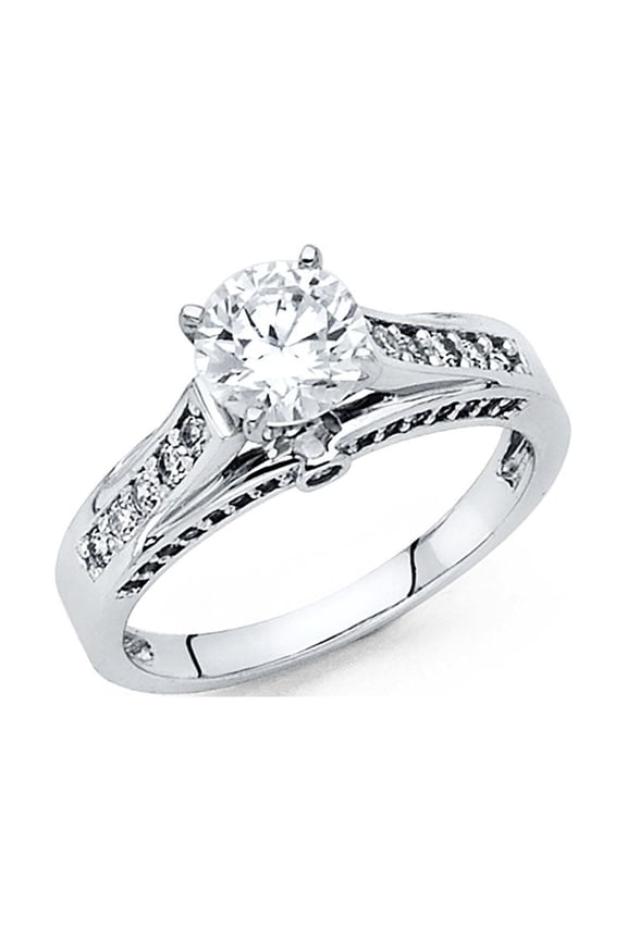 CZ Engagement Ring 14k White Gold Anniversary Round CZ Bridal Designer Style Band Side Stones Size 5.5