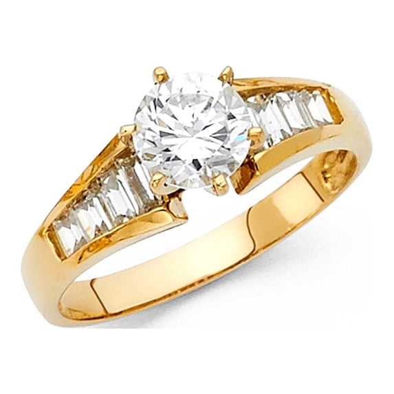 CZ Engagement Ring 14k Yellow Gold Round Solitaire Anniversary CZ Band Baguette Side Stones New, Size 7.5