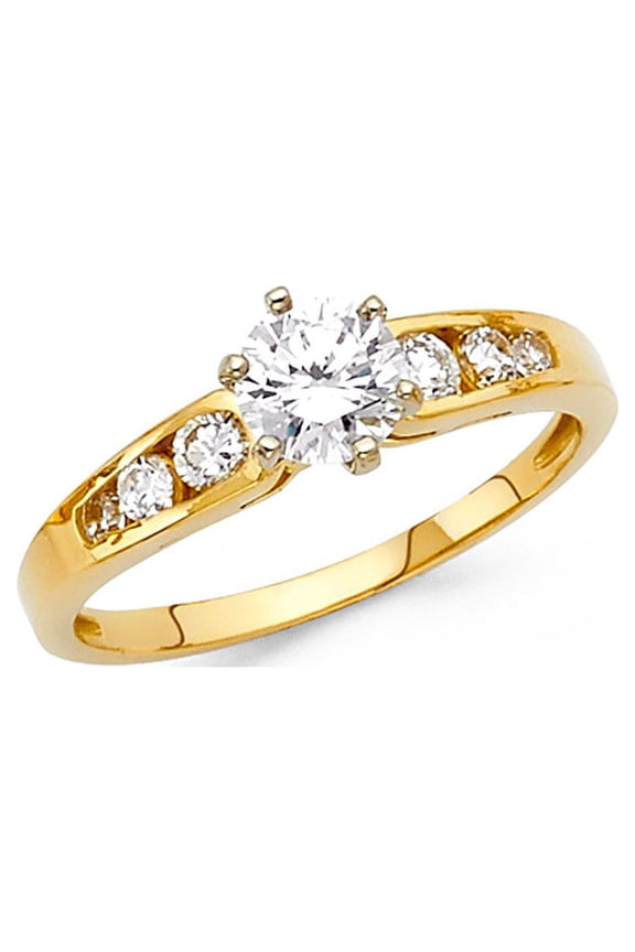 CZ Engagement Ring 14k Yellow Gold Round Solitaire CZ Anniversary Band Bridal Ring Side Stones Size 5