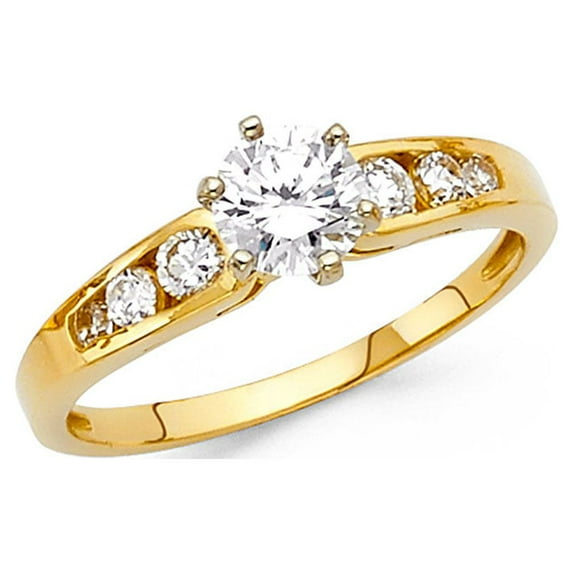 CZ Engagement Ring 14k Yellow Gold Round Solitaire CZ Anniversary Band Bridal Ring Side Stones Size 5
