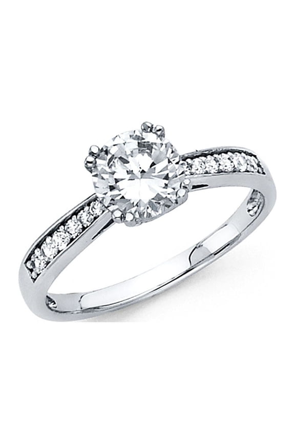 CZ Engagement Solitaire Ring 14k White Gold Anniversary CZ Round Band Bridal Ring Side Stones Size 7.5