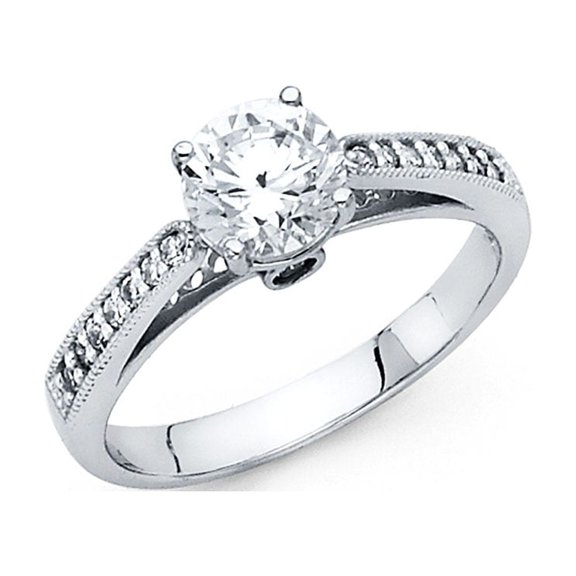 CZ Engagement Solitaire Ring 14k White Gold Anniversary Round CZ Band Bridal Side Stone Ring Size 6