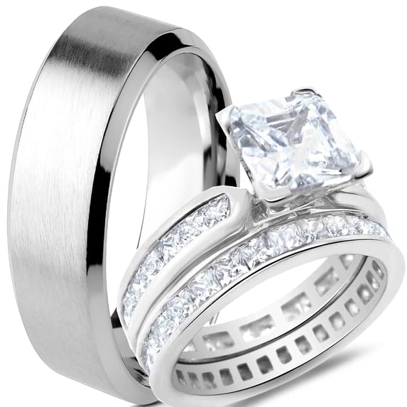 CZ Engagement Wedding Ring Set for Him and Her Couples Bands for Men Size 11 and Women Size 7