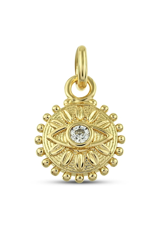 CZ Evil Eye Charm, 15 mm - Gold Plated Brass Charm with Cubic Zirconia Stone - Dainty Disc Charms for Bracelets - Good Luck Charm for Women and Girls