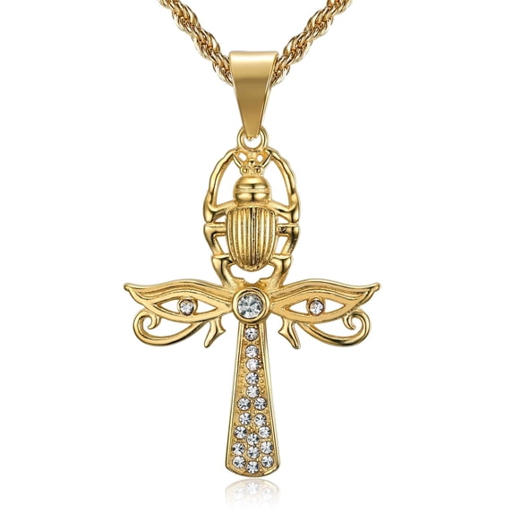 NEGS 18K Gold Plated Eye of Horus and Scarab Egyptian Ankh Pendant 24‘’ Chain Amulet Stainless Steel Necklace for Men Women