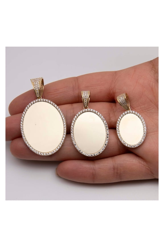 CZ Framed Oval Medallion Picture Memory Pendant Unisex Adult 10K Yellow Gold, All Sizes - Goldum NYC