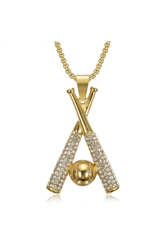 18K Gold Plated Baseball Bat Ball Pendant 24'' Chain Sports Game Hip Hop Stainless Steel Necklace for Men Women