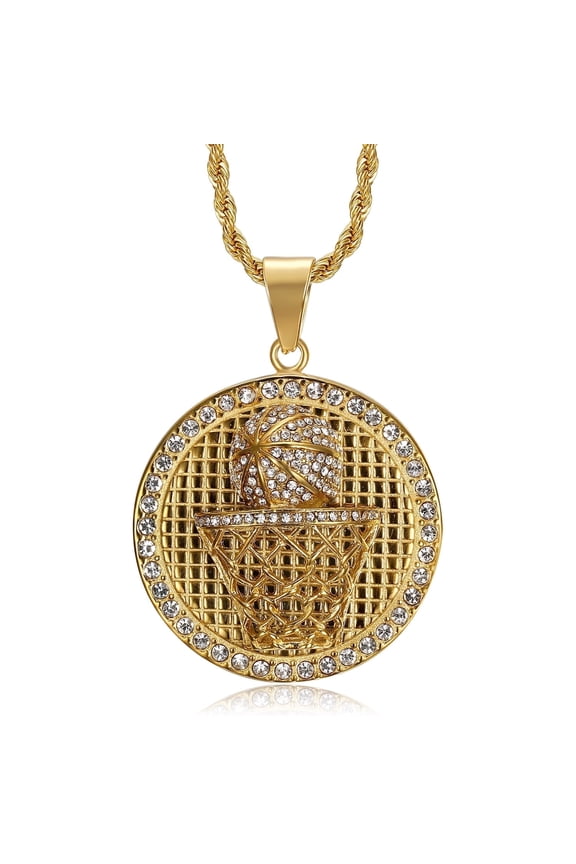 18K Gold Plated Basketball Hoop Pendant 24'' Chain Hip Hop Sports Stainless Steel Necklace for Men Women