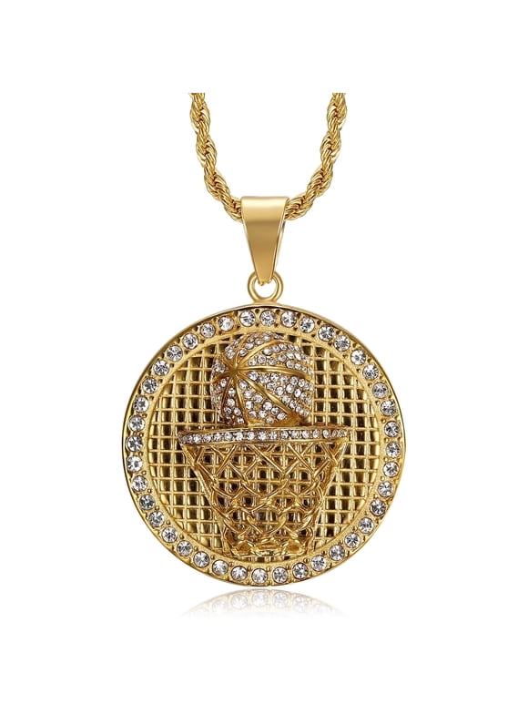 18K Gold Plated Basketball Hoop Pendant 24'' Chain Hip Hop Sports Stainless Steel Necklace for Men Women