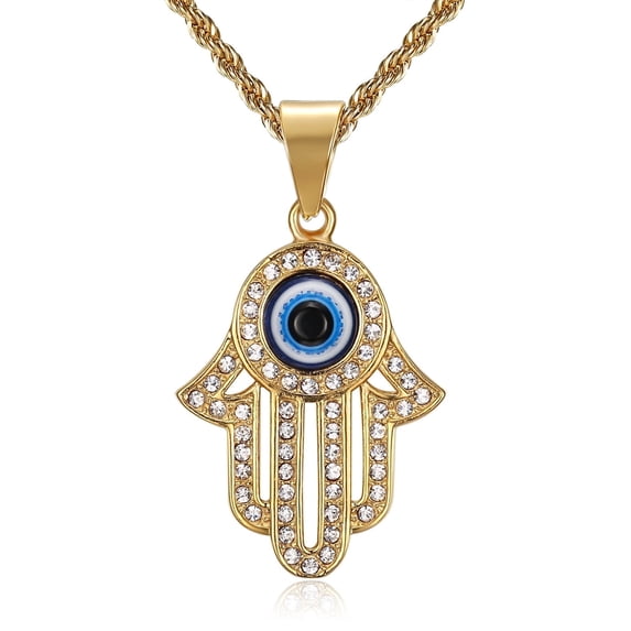 NEGS 18K Gold Plated Evil Eye Fatima Hamsa Hand Egyptian Pendant 24'' Chain Amulet Stainless Steel Necklace for Men Women