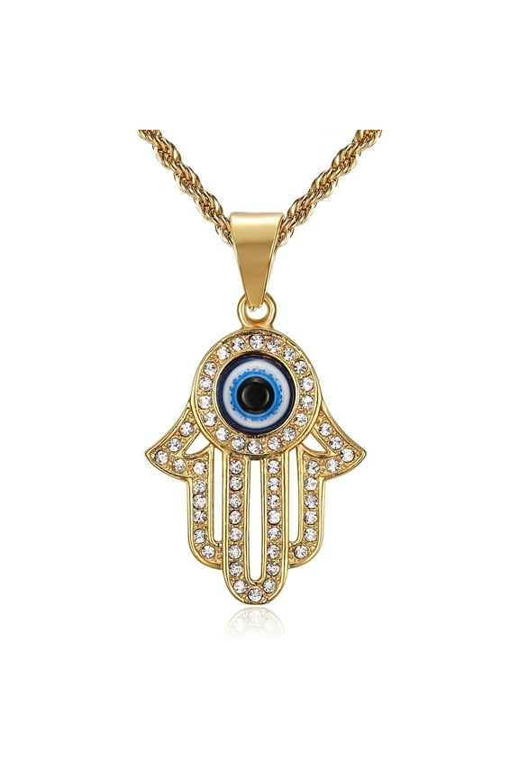 18K Gold Plated Evil Eye Fatima Hamsa Hand Egyptian Pendant 24'' Chain Amulet Stainless Steel Necklace for Men Women