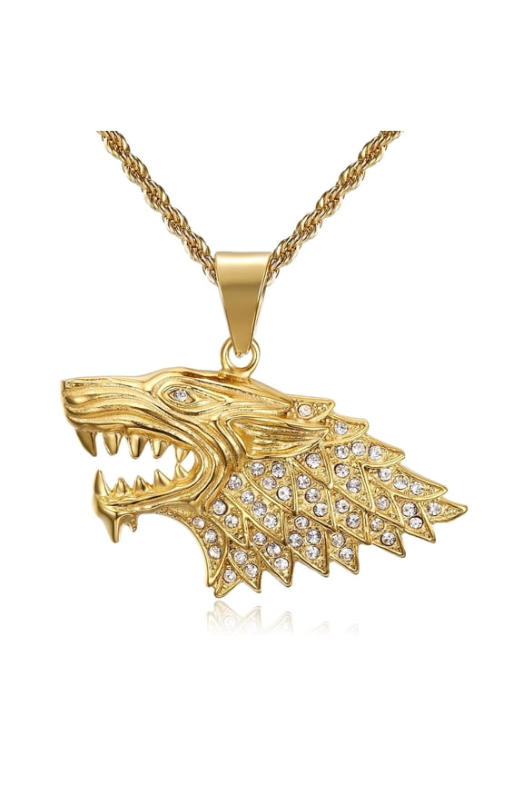 18K Gold Plated Wolf Pendant Punk Rock Stainless Steel Viking Necklace, 24'' Chain for Men Hip Hop Bling Amulet Gift