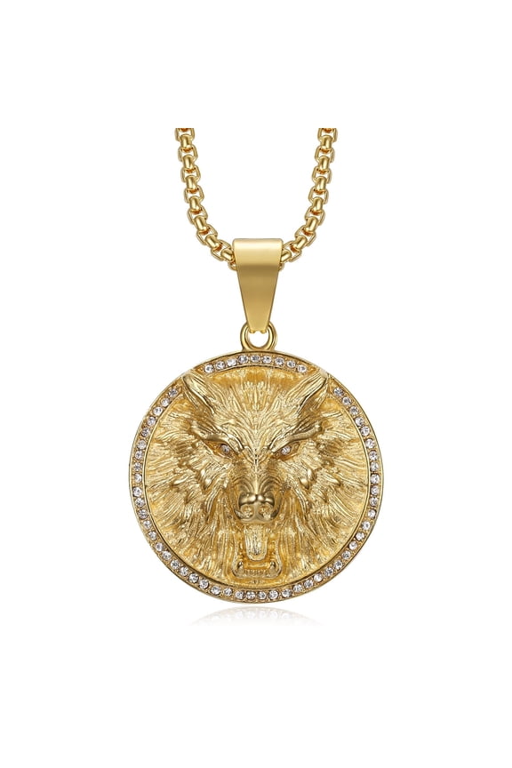 18K Gold Plated Wolf Pendant Punk Rock Stainless Steel Viking Necklace, 24 Inch Chain for Men Hip Hop Bling Amulet Gift