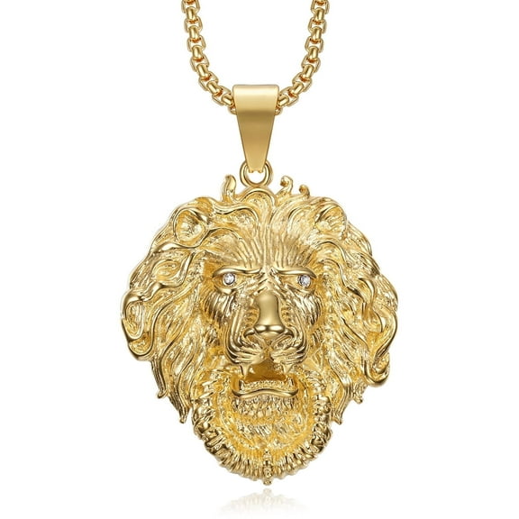 NEGS 18K Gold Plated Lion King with Crown Pendant 24'' Chain Punk Rock Hip Hop Viking Stainless Steel Necklace for Men