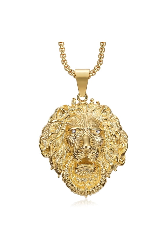 18K Gold Plated Lion King with Crown Pendant 24'' Chain Punk Rock Hip Hop Viking Stainless Steel Necklace for Men