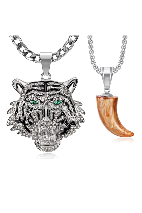 Tiger Head Tooth Pendants Rock Layered Stainless Steel Necklace, 2 pcs 24'' 20'' Chains for Men Women Hip Hop Gift