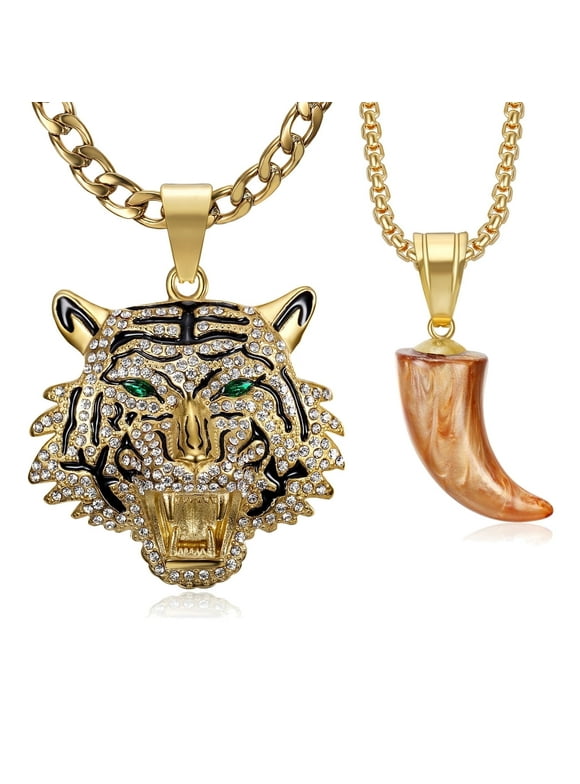 18K Gold Plated Tiger Head Tooth Pendants Rock Layered Stainless Steel Necklace, 2 pcs 24'' 20'' Chains for Men Women Hip Hop Gift