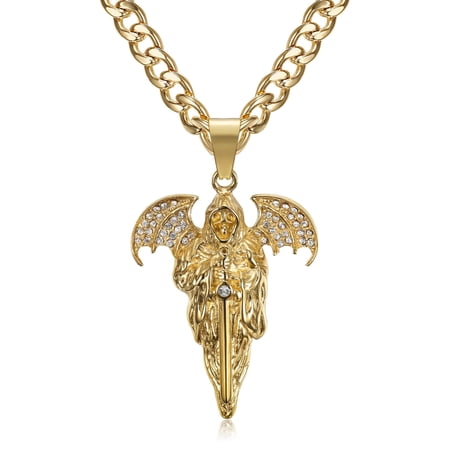 NEGS 18K Gold Plated Skull Holy Death Santa Muerte Pendant 24‘’ Chain Punk Rock Stainless Steel Necklace