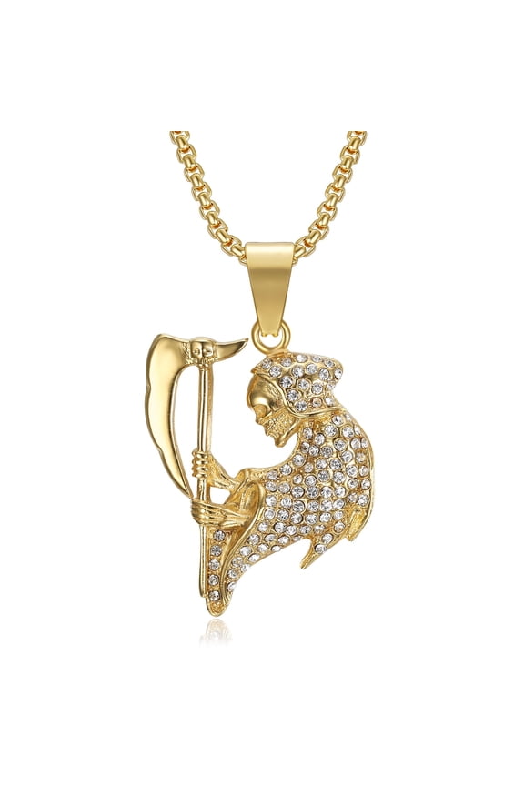 18K Gold Plated Skull Holy Death Santa Muerte Pendant 24‘’ Chain Punk Rock Stainless Steel Necklace