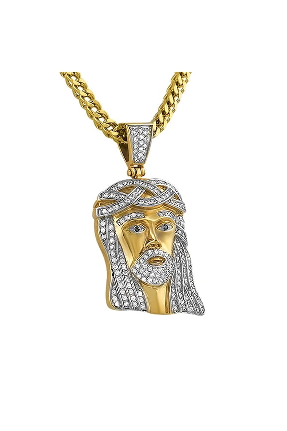 CZ Gold Micro Jesus Piece Classic Pendant Steel