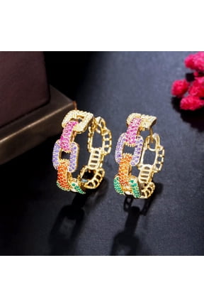 CZ Gold Plated Round Cuban Chain Link Hoop Earrings Rainbow Colorful Jewellery