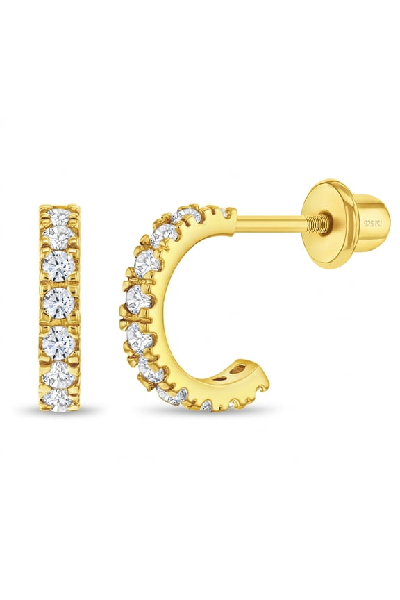 CZ Half Hoop Preteen / Teens Earrings Screw Back - Gold Plated Sterling Silver