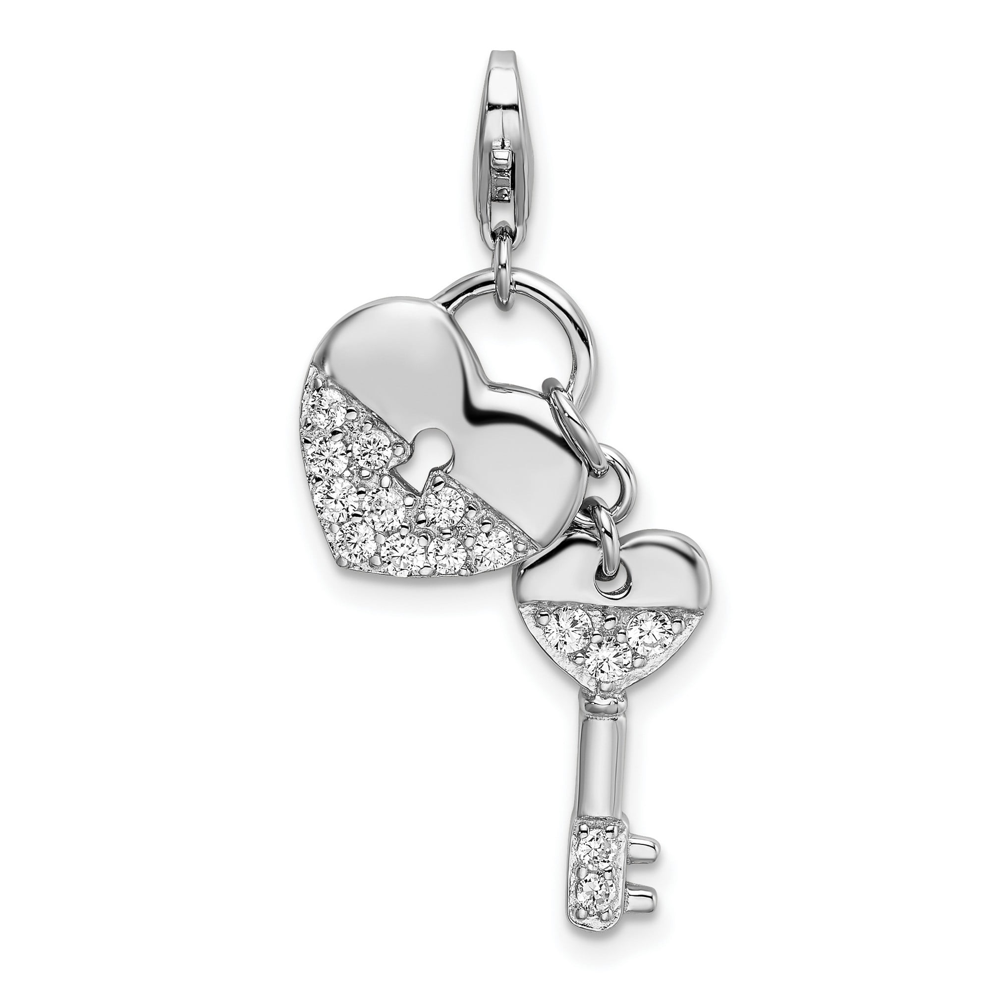 JEWELRY STORES NETWORK CZ Heart And Key Clip-On Charm in 925 Sterling Silver 33 mm x 16 mm
