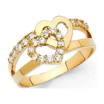 CZ Heart Band Solid 14k Yellow Gold Promise Ring Two Hearts Together Love Band Polished Fancy, Size 7