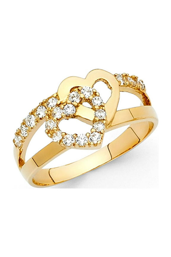 CZ Heart Band Solid 14k Yellow Gold Promise Ring Two Hearts Together Love Band Polished Fancy, Size 7