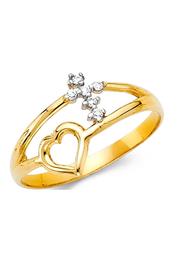 CZ Heart Cross Ring Solid 14k Yellow Gold Band Religious Love Stylish Open Design Polished Fancy, Size 7.5