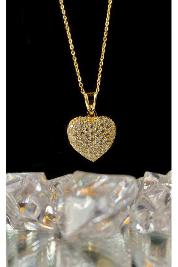CZ Heart Necklace for Womens Cable Link Chain 17" 14K Gold Filled Elegant