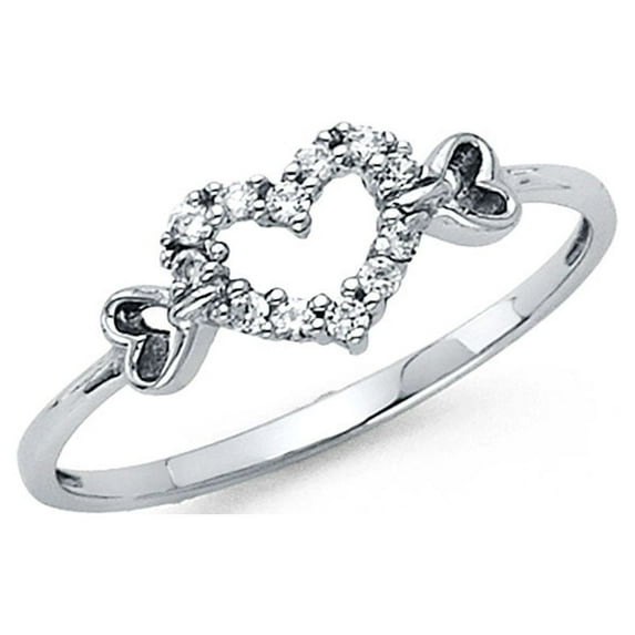 CZ Heart Ring Solid 14k White Gold Hearts Band Right Hand Love Open Design Polished Fancy, Size 7