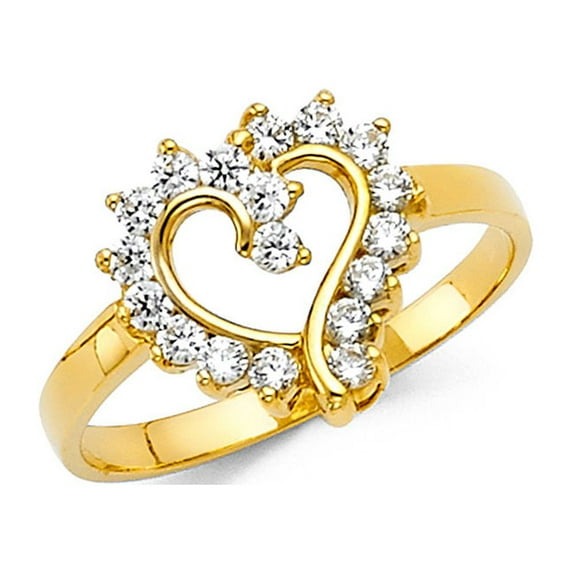 CZ Heart Ring Solid 14k Yellow Gold Band Love Promise Ring Right Hand Curve Stylish Polished, Size 5.5