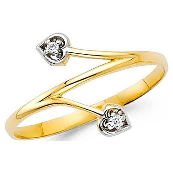 CZ Heart Ring Solid 14k Yellow Gold Band Two Hearts Promise Ring Leaf Stylish Polished Finish, Size 7