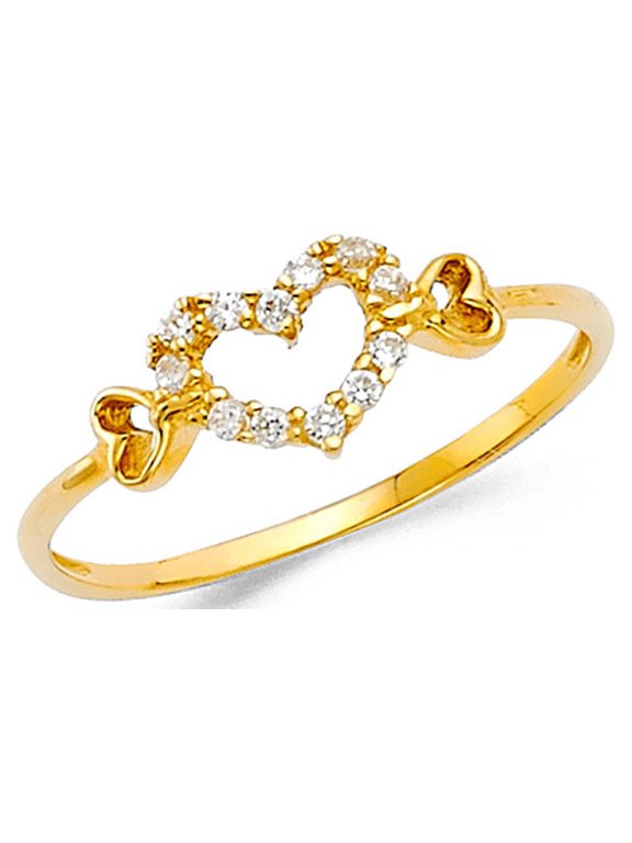 CZ Heart Ring Solid 14k Yellow Gold Hearts Band Right Hand Love Open Design Polished Fancy, Size 7