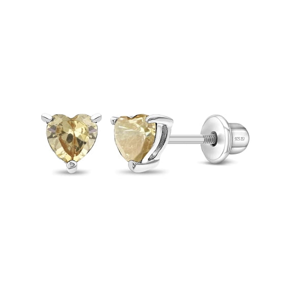 CZ Heart Solitaire Simulated Citrine Earrings Screw Back - Sterling Silver