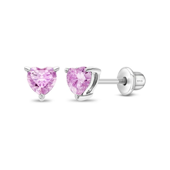 CZ Heart Solitaire Simulated Tourmaline Earrings Screw Back - Sterling Silver