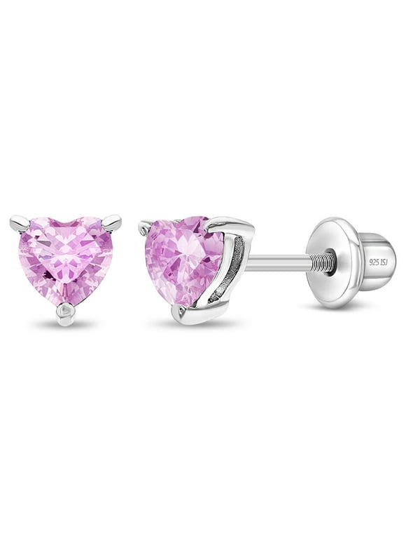 CZ Heart Solitaire Simulated Tourmaline Earrings Screw Back - Sterling Silver