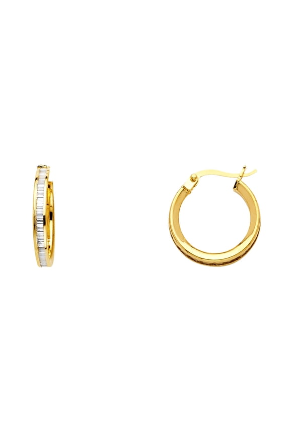 CZ Hoop Earrings Solid 14k Yellow Gold Round Hoops CZ Baguette French Lock Channel Set Fancy 10 mm