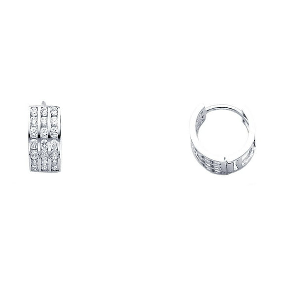 CZ Huggie Hoop Earrings Solid 14k White Gold Huggies Round CZ Three Row Pave Polished Small 11 mm