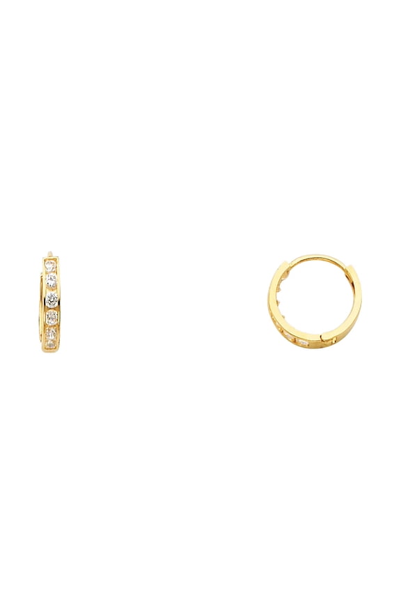 CZ Huggie Hoop Earrings Solid 14k Yellow Gold Huggies Round CZ Pave Set Polished Finish Small 11 mm