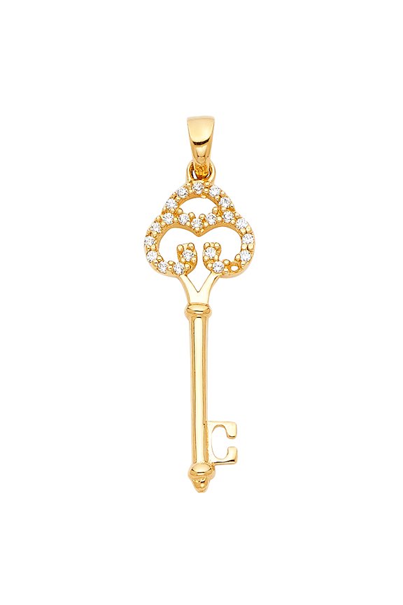 CZ Key Pendant Solid 14k Yellow Gold Charm Royal Princess Stylish Pave Polished Finish Fancy 12 x 25 mm
