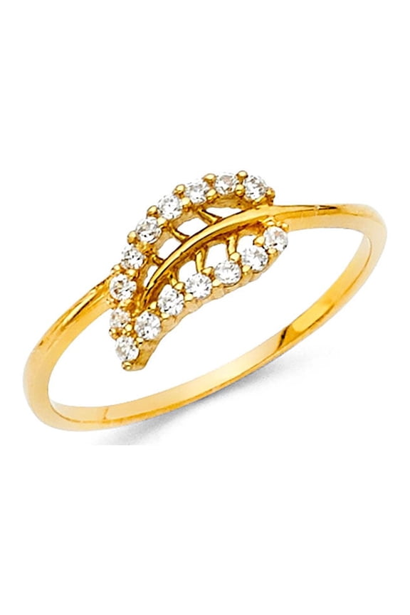 CZ Leaf Ring Solid 14k Yellow Gold Band Right Hand Stylish Open Design Polished Finish Fancy, Size 5