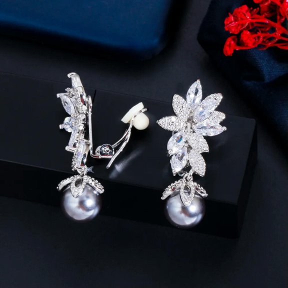 CZ Leaf Shape Dangle Gray Pearl Drop Clip On Earrings Without Piercing for Women