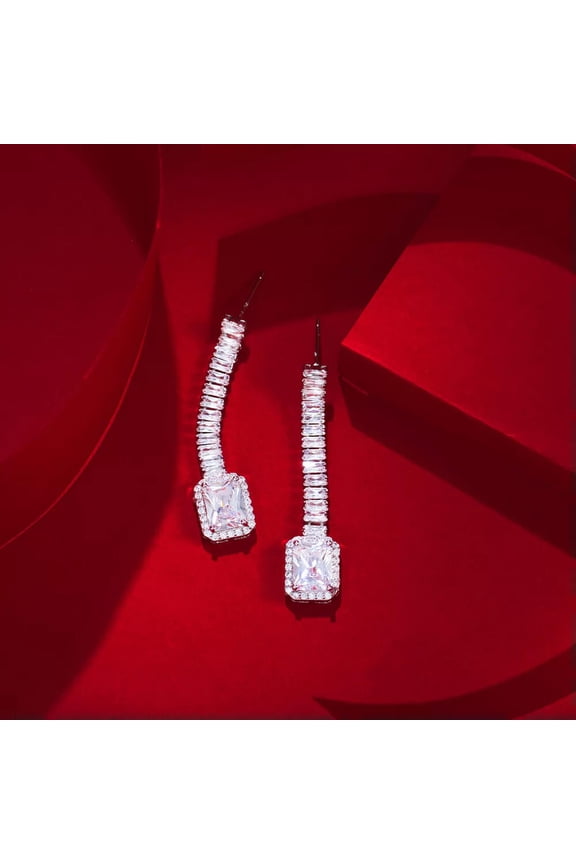 CZ Long Baguette Square Drop Earrings Amerian Crystal Cubic Zirconia for Brides