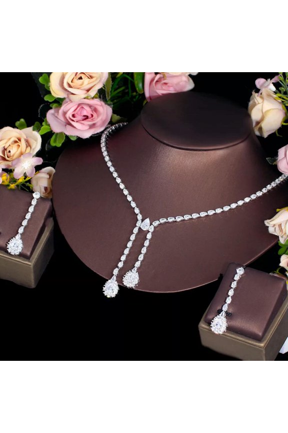 CZ Long Drop Necklace Earrings Cubic Zirconia Dancing Party Costume Jewelry Set