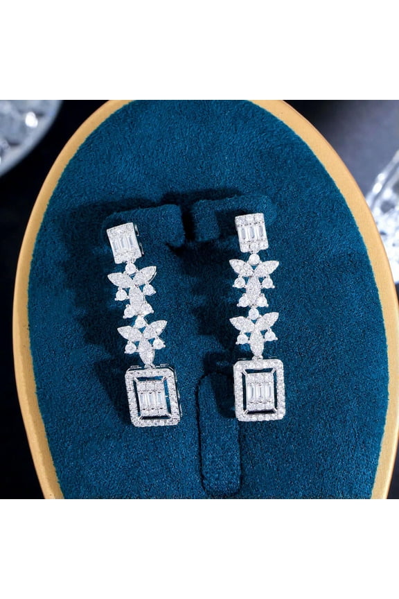 CZ Long Leaf Dangle Drop Earrings Cubic Zirconia Silver Plated for Lover Brides