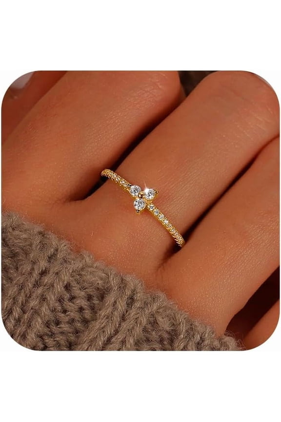 CZ Lucky Leaf Rings for Women 925 Sterling Silver Petite CZs Ring Minimalist Stackable Ring 14K Gold Plated Dainty Trendy Ring to Daughter Wedding Birthday Jewelry Friends Jewelry Gift for Her