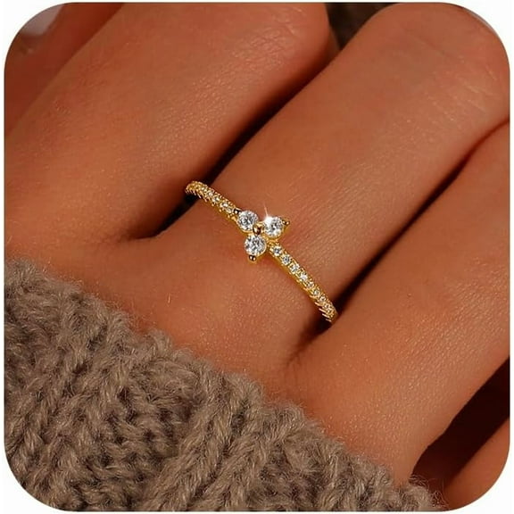CZ Lucky Leaf Rings for Women 925 Sterling Silver Petite CZs Ring Minimalist Stackable Ring 14K Gold Plated Dainty Trendy Ring to Daughter Wedding Birthday Jewelry Friends Jewelry Gift for Her