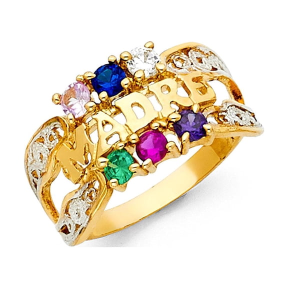 CZ Madre Ring Solid 14k Yellow Gold Mothers Band Mom Stylish Three Stone Multi Color Fashion, Size 8